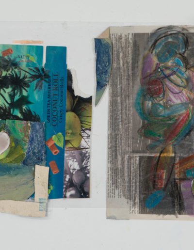 Collage- Chung King Road, 2015, crayon and cut painting on cookie box, mylar and newspaper